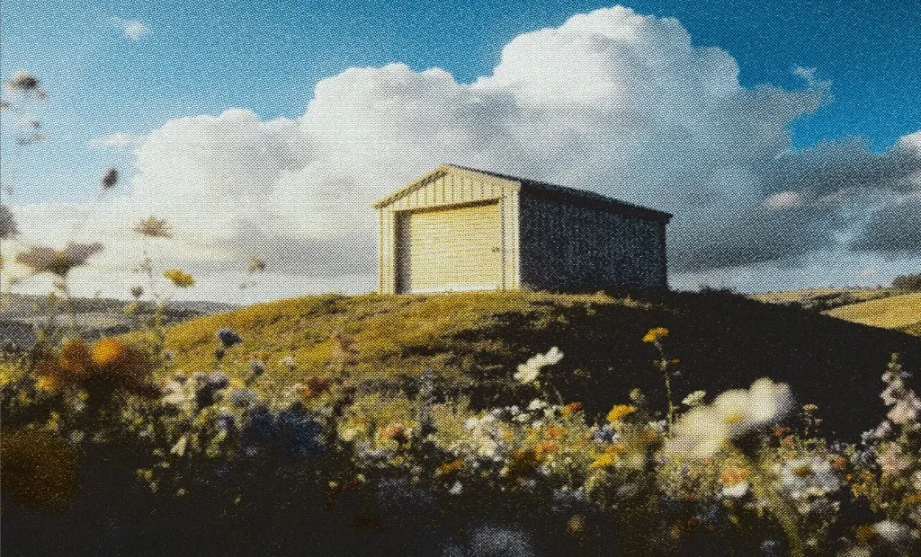 Self-storage unit alone on a hill, in halftone